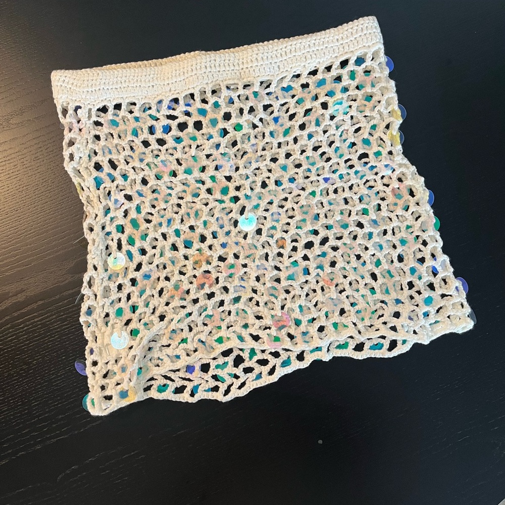 Crochet Sequin Beach Cover-Up Skirt in Cream
